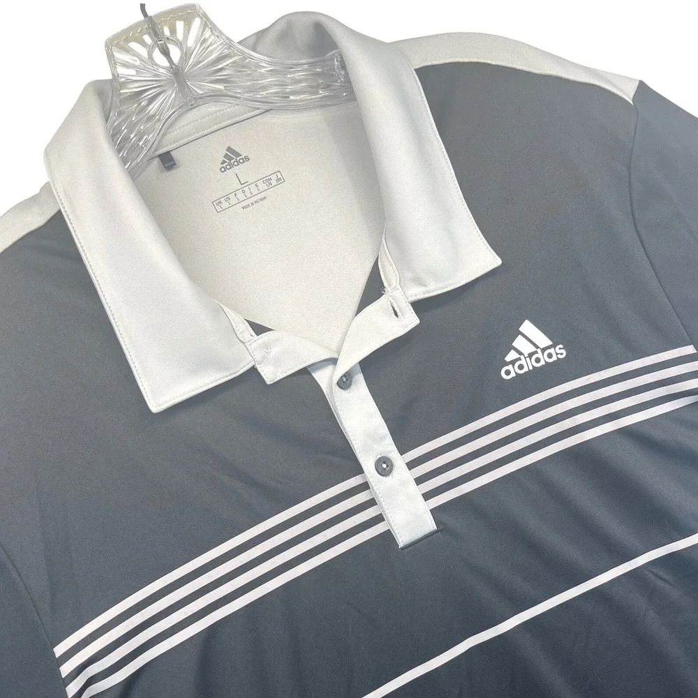 Adidas Golf Polo Shirt Mens Large Black Grey Striped Short Sleeve Performance